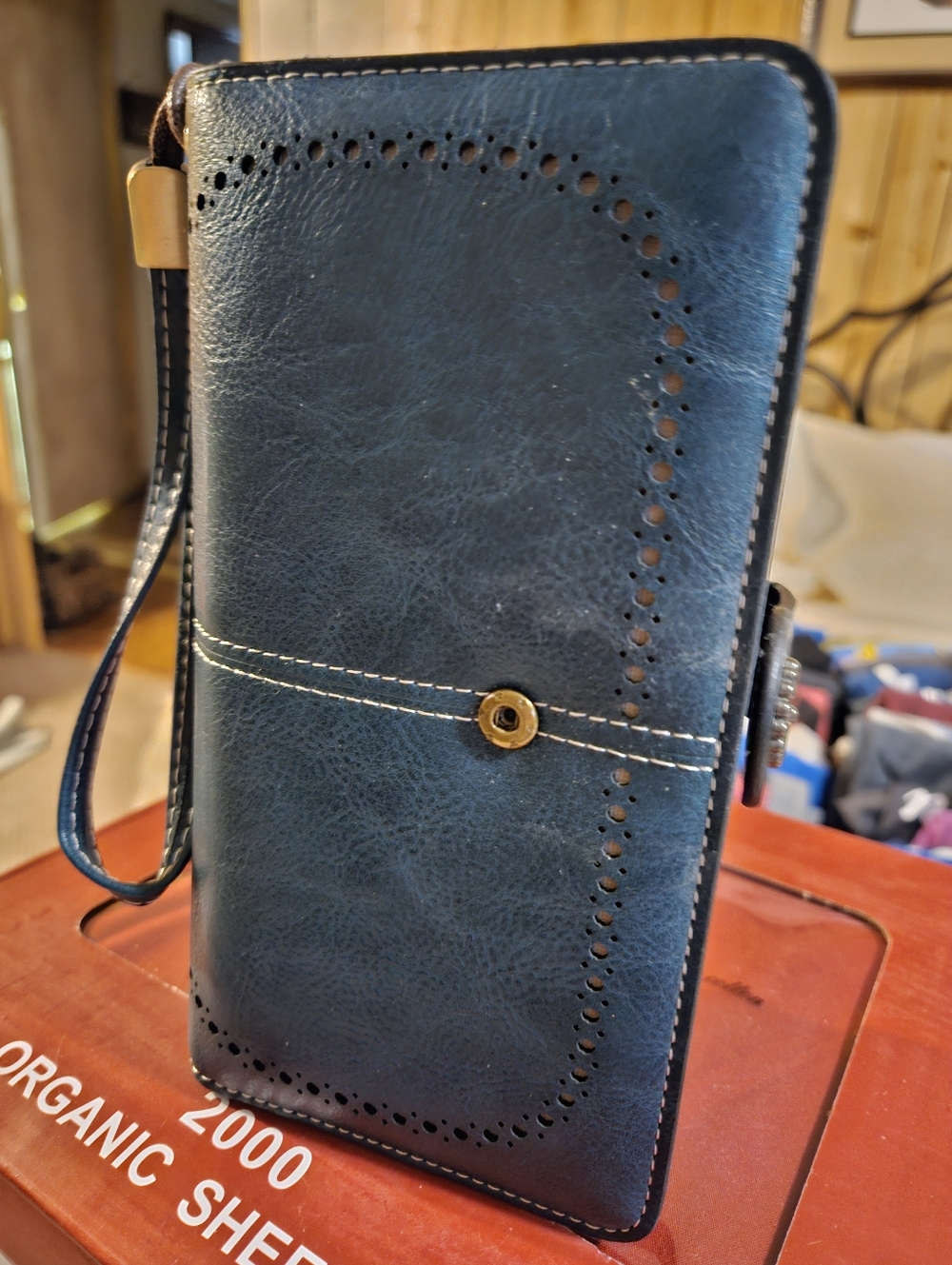 Navy Faux Leather Wristlet Wallet with Perforated Detail